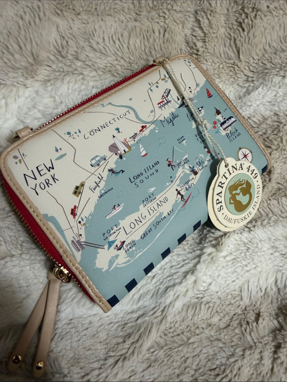 NWT Spartina 449 Light Blue Nautical Map Zip Wallet with Red Trim - Picture 7 of 7